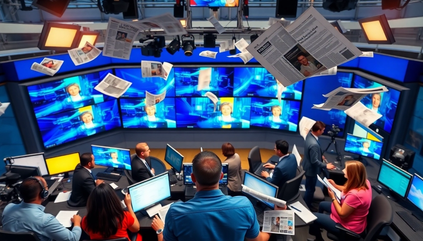 Capture the dynamic essence of https://www.thedailynewsonline.com with reporters in action in a vibrant newsroom setting.