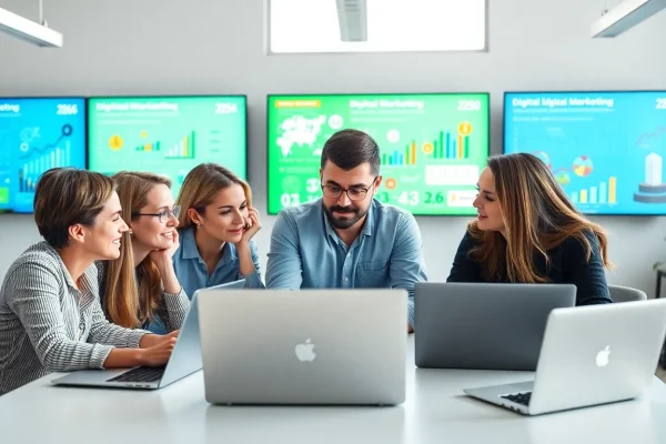 Engaged digital marketing professionals collaborating in a vibrant office setting.