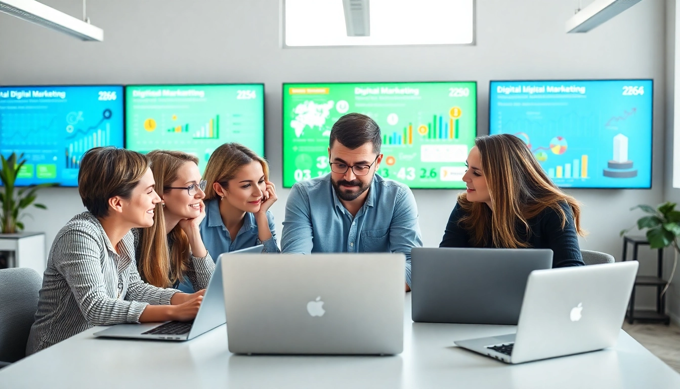 Engaged digital marketing professionals collaborating in a vibrant office setting.