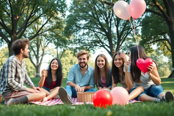 Friends enjoying a picnic, showcasing the excitement of having a crush on someone in a warm, inviting park.