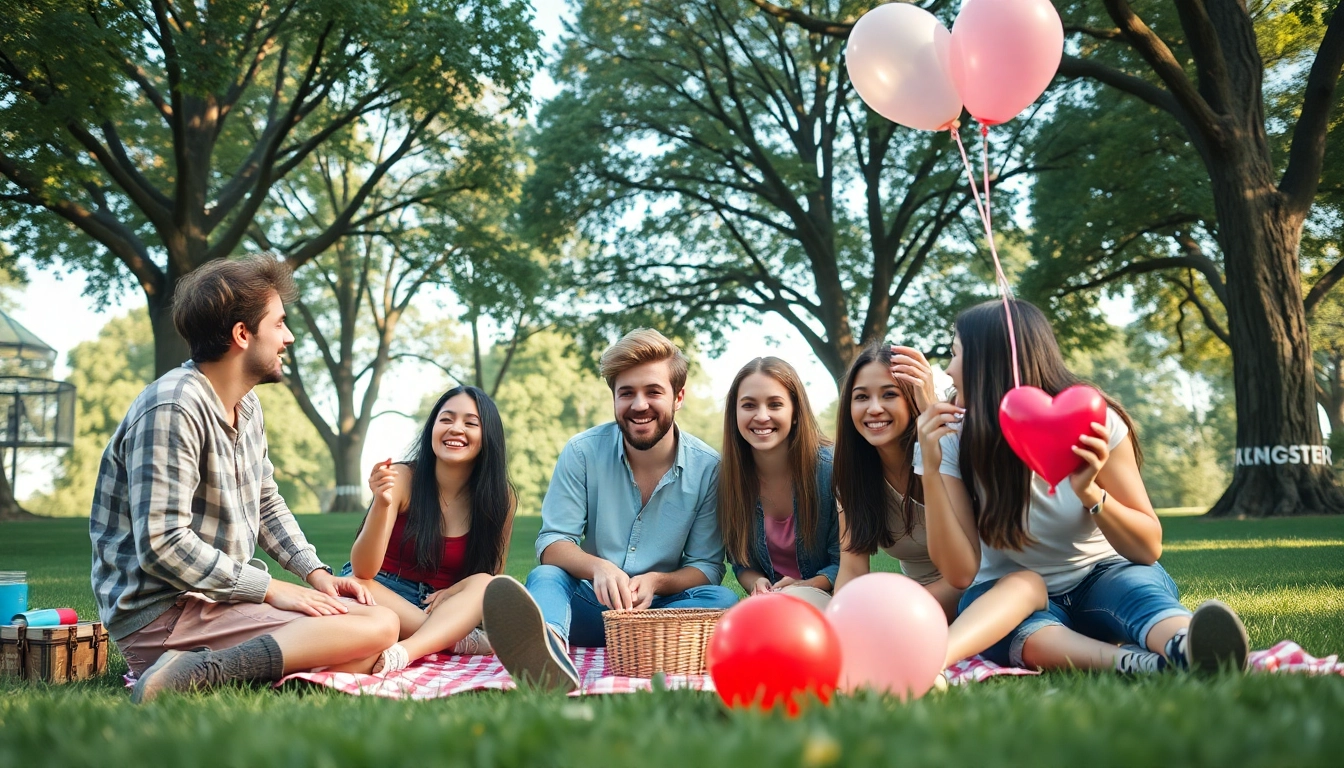Friends enjoying a picnic, showcasing the excitement of having a crush on someone in a warm, inviting park.