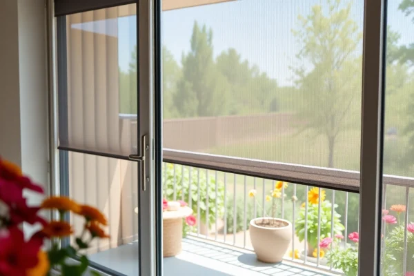 Zainstalowana moskitiera na drzwi balkonowe zapewniająca ochronę przed owadami.