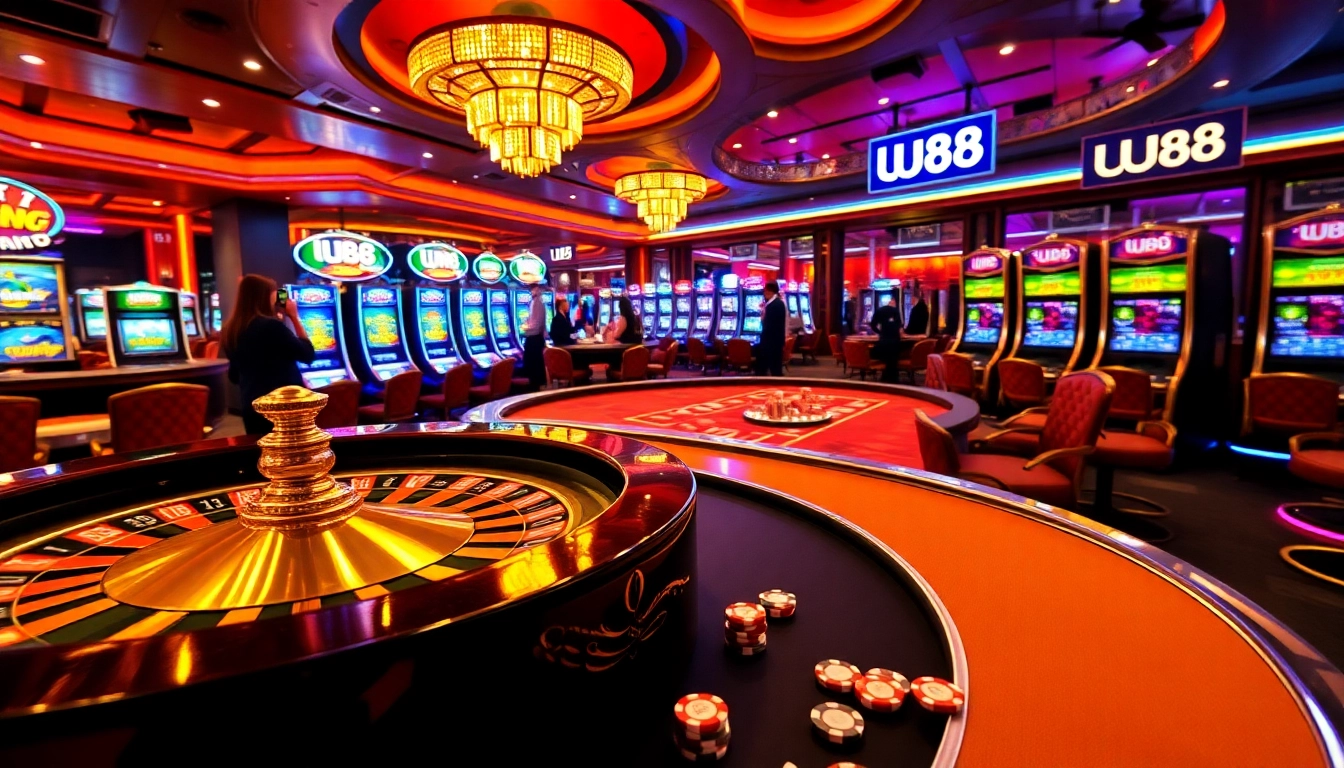 Gamblers celebrating their wins at a vibrant UU88 casino scene with roulette and slot machines.