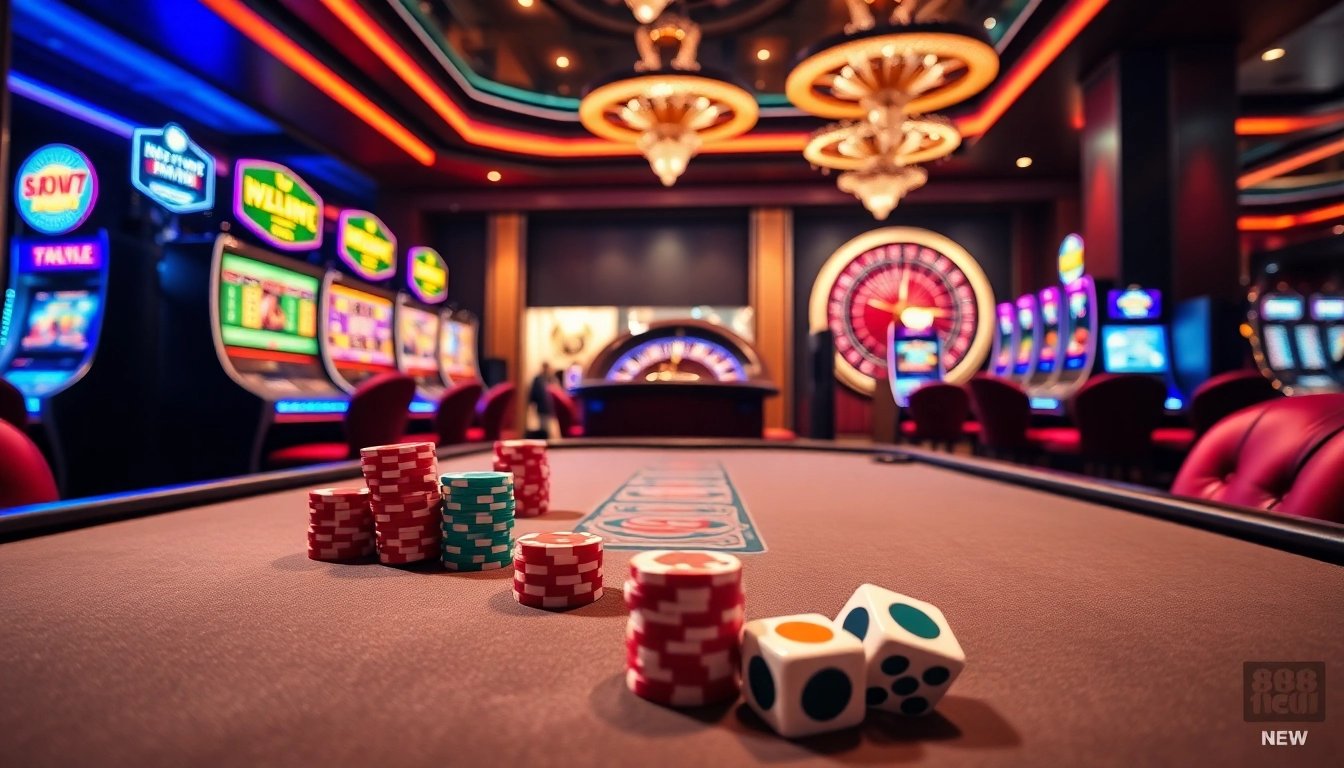 High-stakes poker action at 888NEW casino with colorful chips and vibrant slot machines.