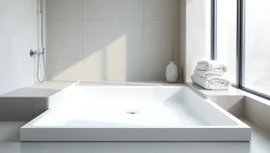 Explore a stunning shower base shower in a modern bathroom, featuring sleek design and natural light.
