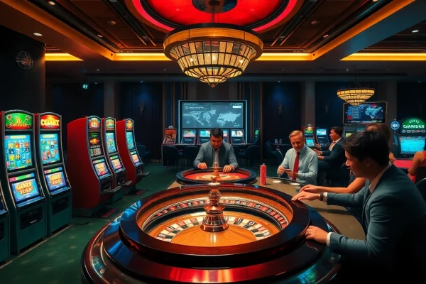 Engaging gamblers in a thrilling casino setting at https://rr88a.us.com/ featuring slot machines and poker games.