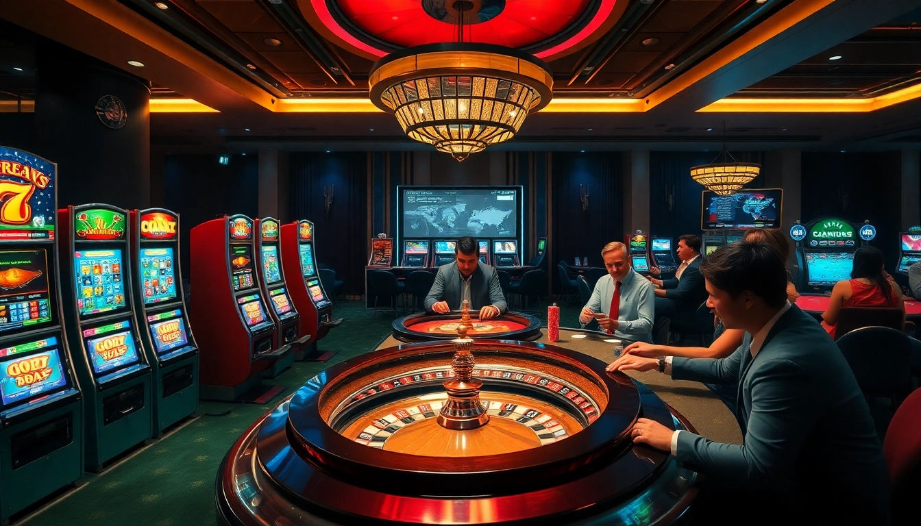 Engaging gamblers in a thrilling casino setting at https://rr88a.us.com/ featuring slot machines and poker games.