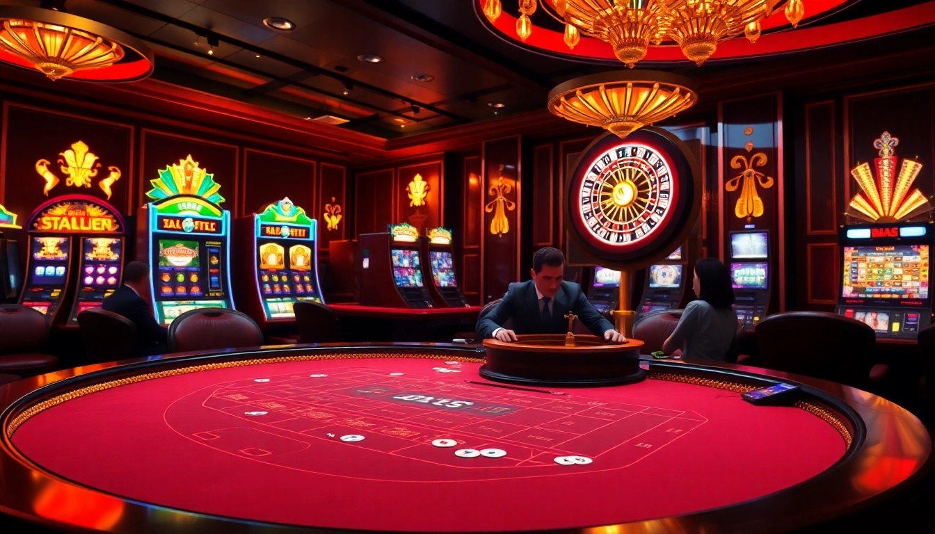 Engaging players at Baccarat and slots at https://red88.hot/ casino, showcasing excitement and luxury.