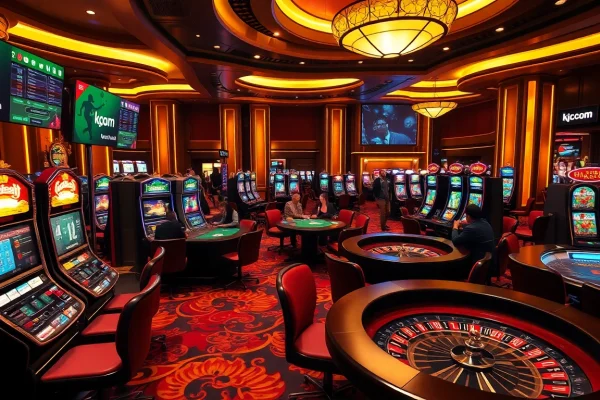 Experience the thrill of a luxury casino setting at kjc.com with vibrant tables and gaming excitement.