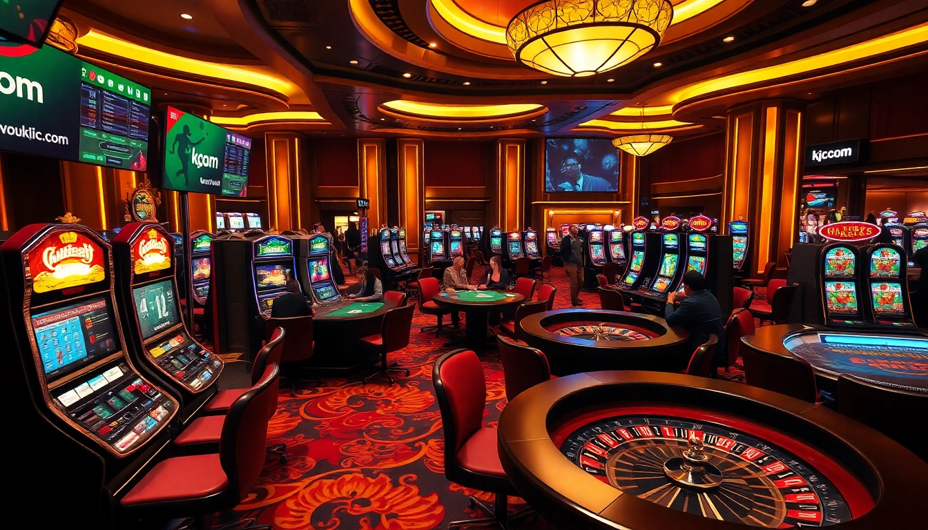 Experience the thrill of a luxury casino setting at kjc.com with vibrant tables and gaming excitement.
