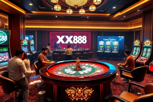 Place bets at XX88 casino with an exciting poker table and roulette wheel atmosphere.