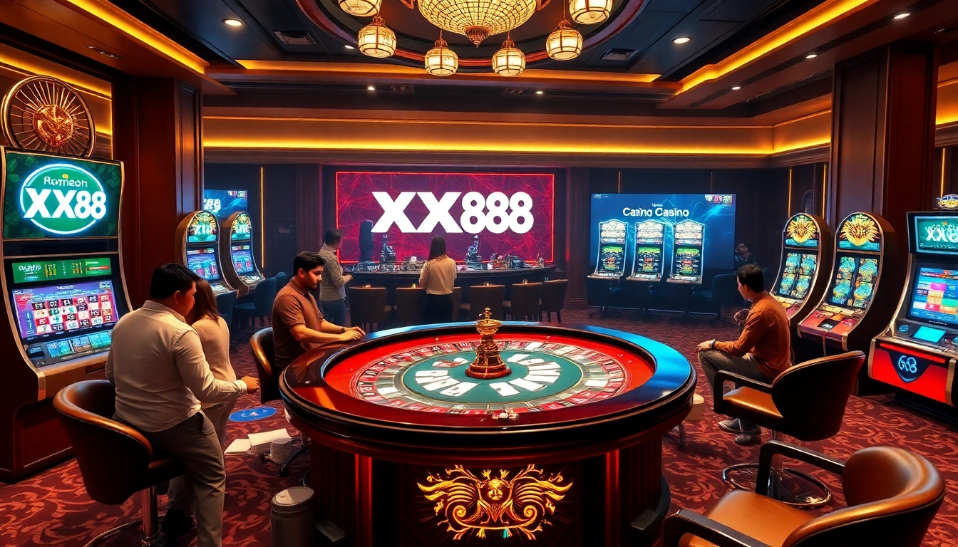 Place bets at XX88 casino with an exciting poker table and roulette wheel atmosphere.
