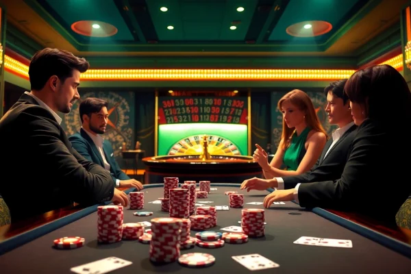 Experience the thrill of 789bets with an elegant casino setting featuring poker tables and roulette wheels.