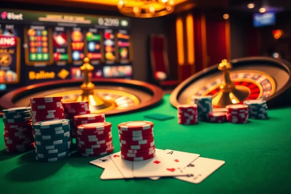 A thrilling betting scene at f8bet.io showcasing poker chips and a vibrant roulette wheel.