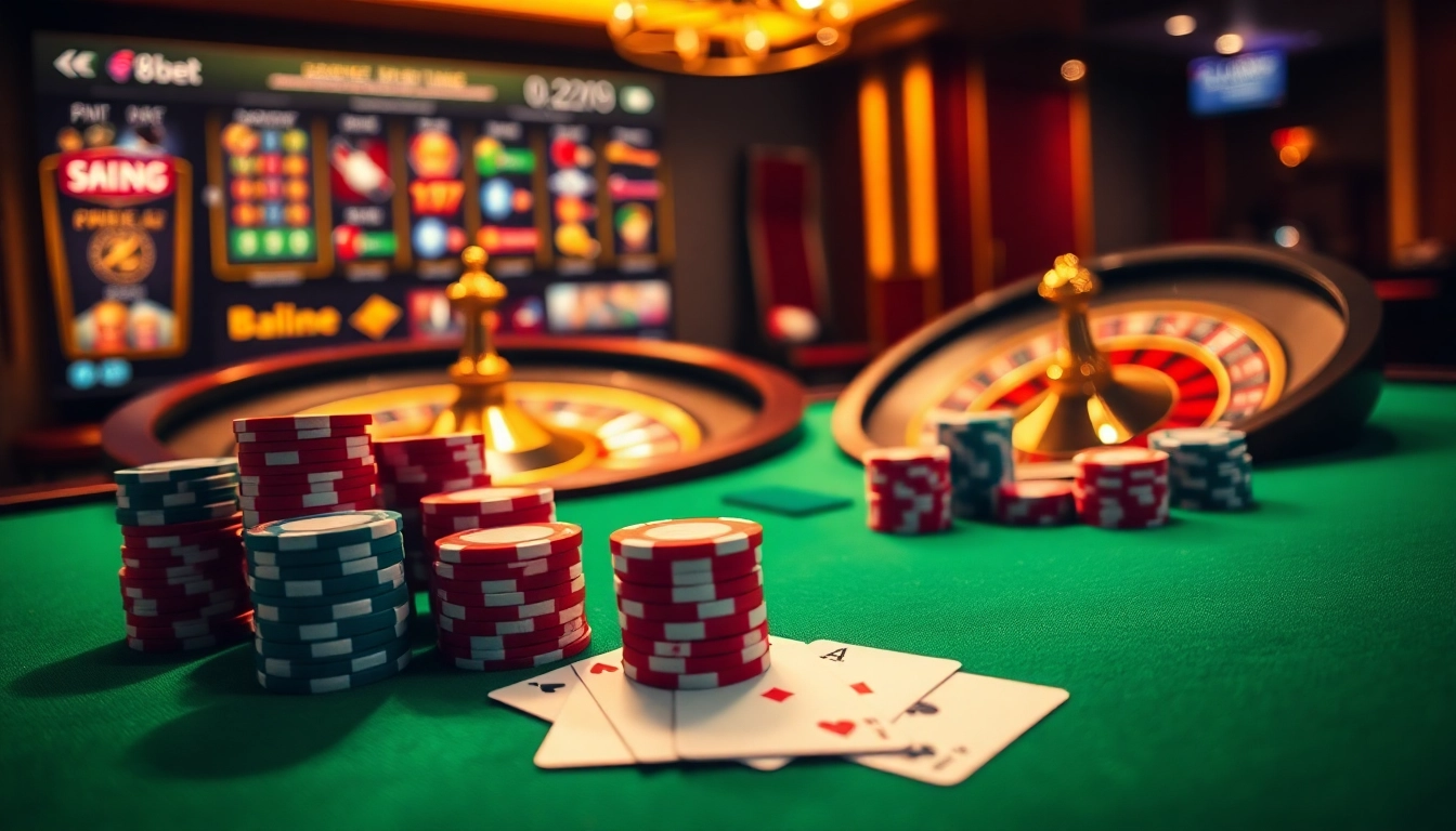 A thrilling betting scene at f8bet.io showcasing poker chips and a vibrant roulette wheel.