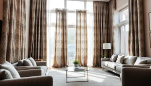 Stof voor gordijnen in een sfeervolle woonkamer met stijlvolle, elegant gedrapeerde gordijnen.
