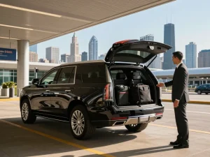 Aurora IL limo service with a professional chauffeur greeting a client beside a Cadillac Escalade at a Chicago airport.