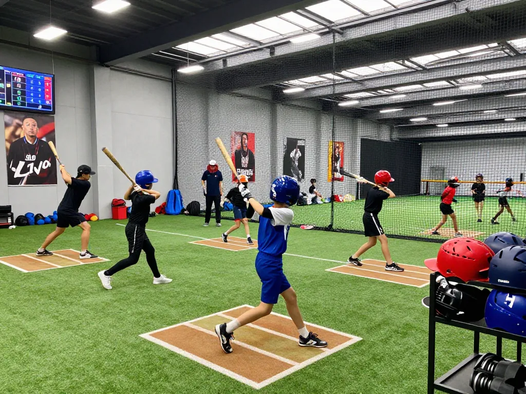 Hitclub athletes practicing in a dynamic modern batting facility with coaching support.