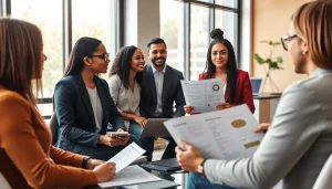 Individuals discussing their ideal career paths in a vibrant office setting.