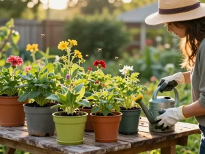Jardinero aplicando fertilizante en un vibrante jardín orgánico, nutriendo plantas saludables.
