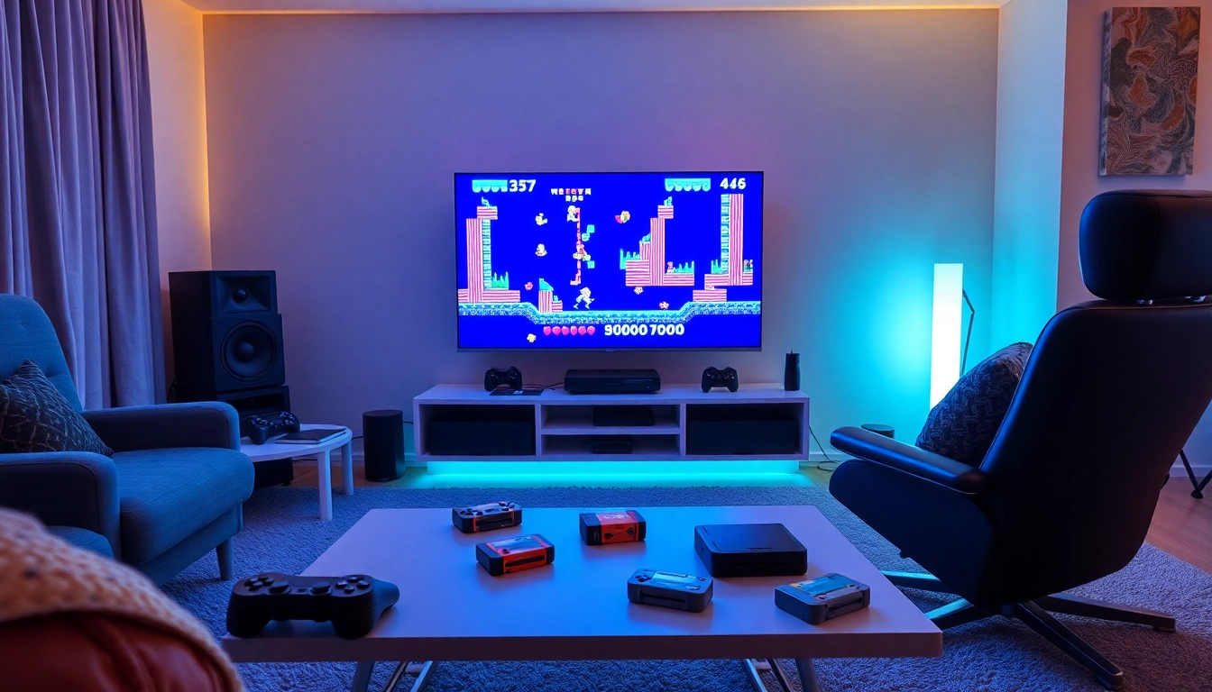 Enjoy a vibrant home gaming setup with a game emulator console and retro games on a big screen.