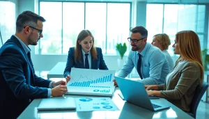 Quickplus Business Consultants collaborating in a dynamic office environment with data analysis.