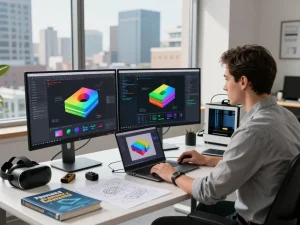 Engineer developing 3D product configurator software in a vibrant tech workspace.
