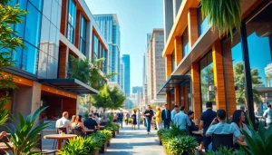 Modern establishment bustling with life, showcasing vibrant outdoor seating and sleek architecture.