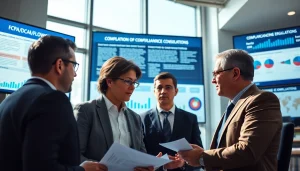 FCPA/DCAA/Flowdown/ITAR/EAR compliance discussion among professionals in an office.