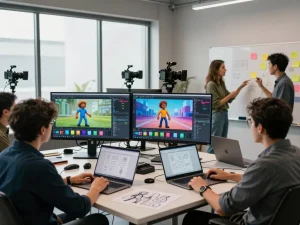 Creative team mastering mind control techniques in a dynamic video production studio