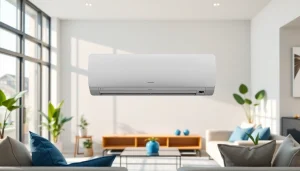 Mitsubishi mini split AC unit elegantly installed in a modern living room with natural lighting.