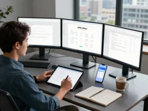 WPS 下载 in a modern workspace, featuring a user editing documents on multiple monitors and a tablet.