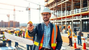 New Jersey Construction Manager directing a vibrant construction site with professionals and machinery.