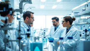 Hydro Research team conducting peptide synthesis research in a professional lab setting.