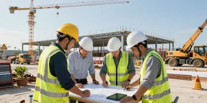 Construction experts at dpconsteel.in collaborating on pre-engineered building plans on-site.