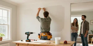Skilled handyman providing HubPro repair services in a bright living room.