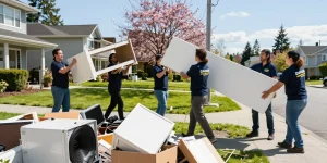 Professional team offering target Junk Removal Vancouver services, efficiently lifting furniture in a residential setting