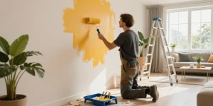 Painter providing top-notch painting services in a stylish living room.
