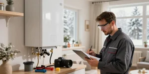 Technician performing maintenance on a gas boiler for van kombi servisi in a warm home environment