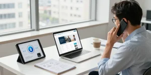 Owner discussing websites with no upfront costs in a modern office setting.