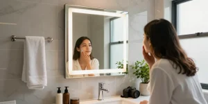 Illuminated hotel bathroom mirror showcasing a person using LED mirror features, emphasizing luxury and style.