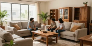 شراء أثاث مستعمل بالرياض مع عائلة تتناقش حول خيارات الأثاث في غرفة معيشة مريحة.
