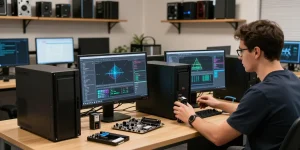Technician assembling and reviewing refurbished PCs in a modern workspace.