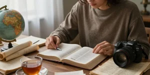 Person studying the Beast in Revelation with open Bible, notes, and artifacts in a cozy study.