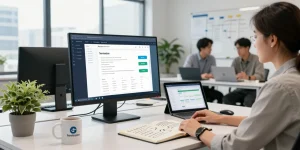 field service management software interface displayed by a developer in a modern office showcasing productivity and collaboration