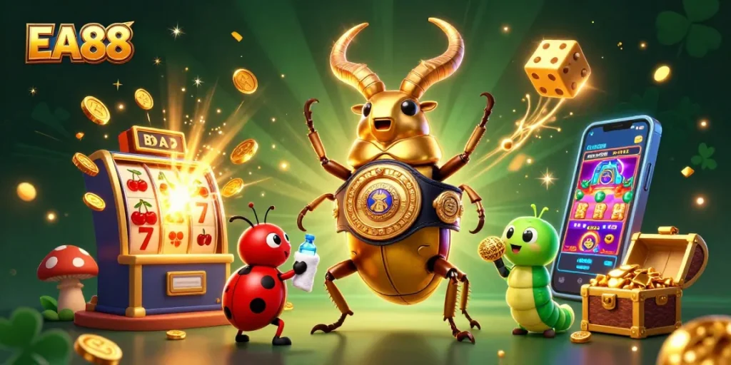 Experience the excitement at EA88 with vibrant casino elements and engaging characters in this dynamic illustration.