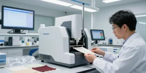 Technician using an Elmendorf tear tester in a modern lab to measure tear resistance of textiles and plastics.