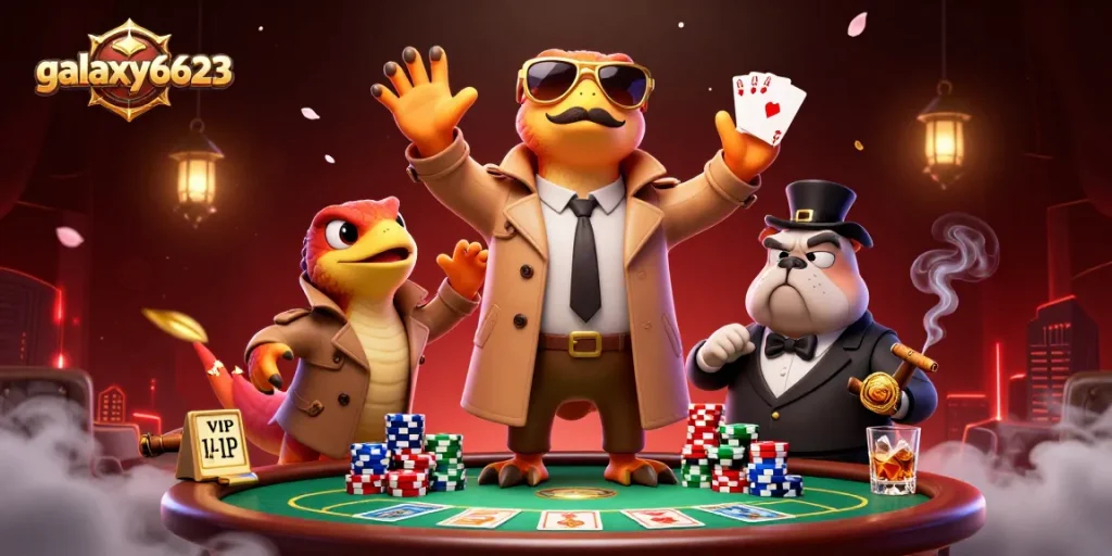 Experience thrilling gaming at galaxy6623 with 3D raptors sneaking into a casino scene.