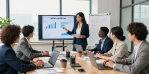 Colaborare echipă în birou modern pentru înființare firmă, prezentare pe ecran digital
