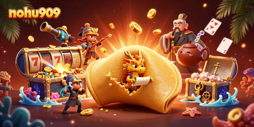 Experience thrilling slots at nohu909 with a vibrant 3D casino illustration showcasing dynamic characters.